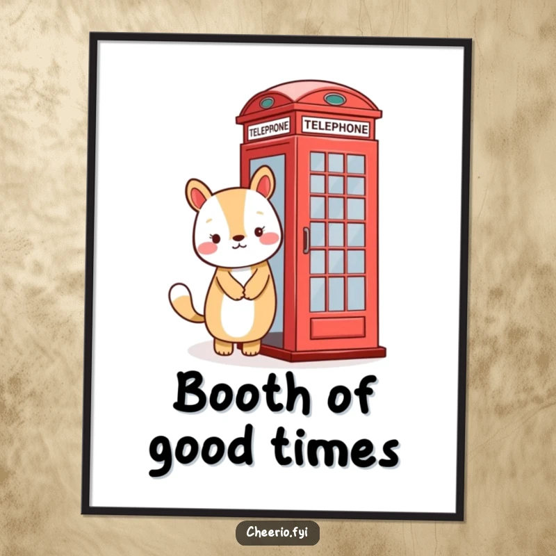Funny digital art print of a smiling animal character standing beside a classic red telephone booth, full of charm.