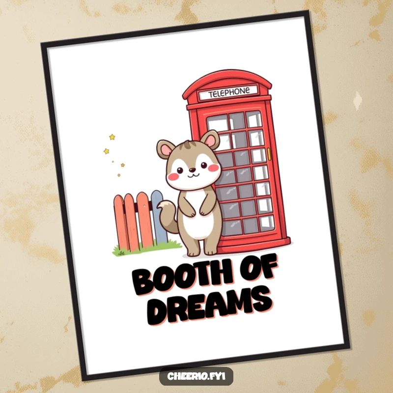 Funny digital art print of a smiling animal character next to a classic red telephone booth, perfect for instant humorous wall decor.