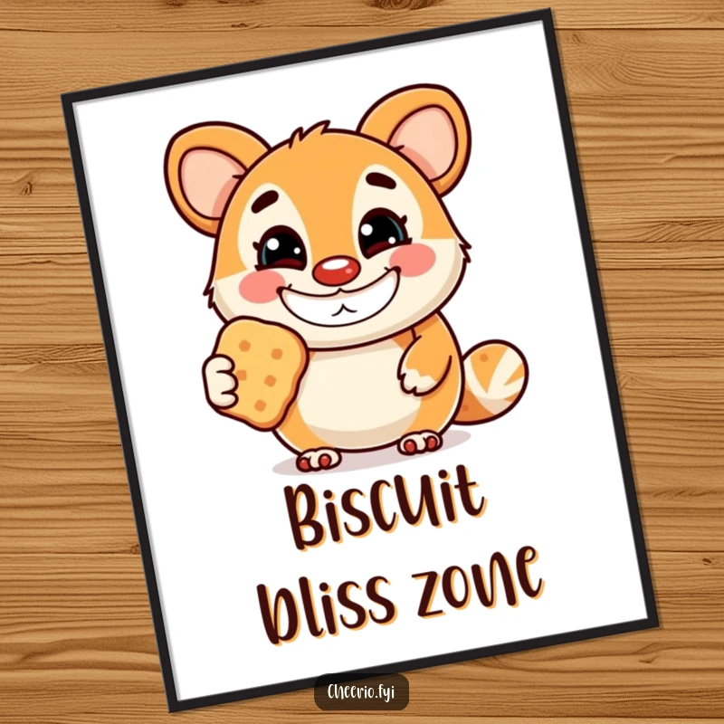 Funny digital art print of a cheerful animal mascot with a wide grin, offering a biscuit, perfect for instant sweet and humorous decor.