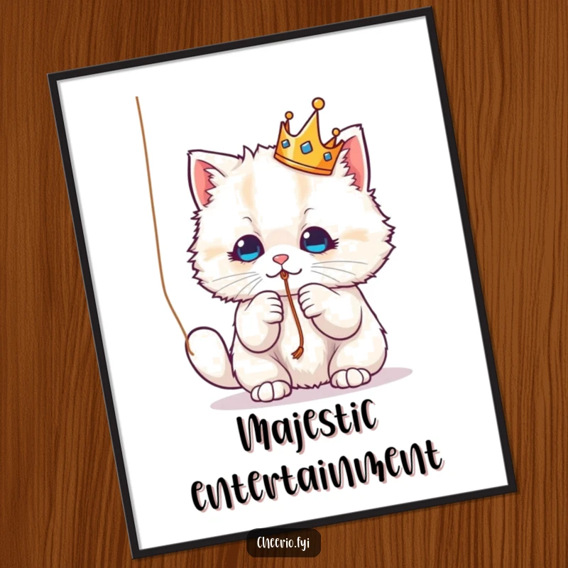 Funny Digital Art Print: A fluffy cat wearing a crown, playfully batting a string, a charming and humorous printable artwork.