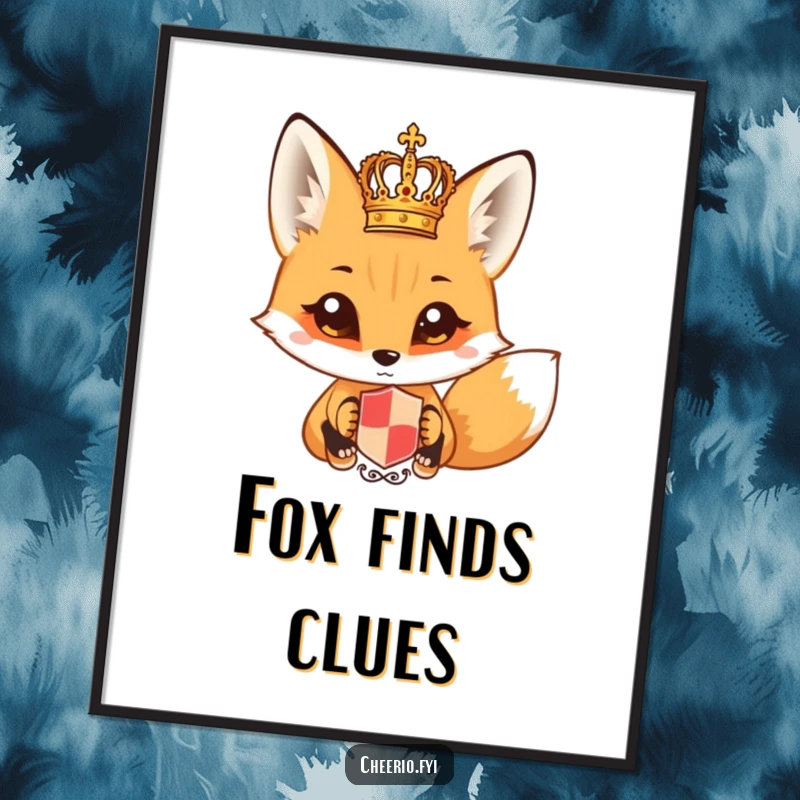 Funny fox with wide eyes looking at a miniature royal crest, as a downloadable art print. A curious funny gift.