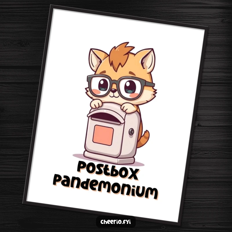 Funny digital art print of a playful animal wearing oversized spectacles tripping over a small post box, conveying humor.