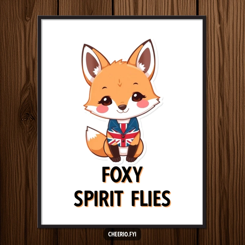 Funny fox digital art print showing a smiling fox wearing a miniature Union Jack waistcoat, ready for display.