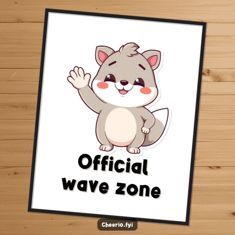 Funny digital art print of a confident animal character with a smirk, giving a jaunty wave, perfect for instant humorous home decor.