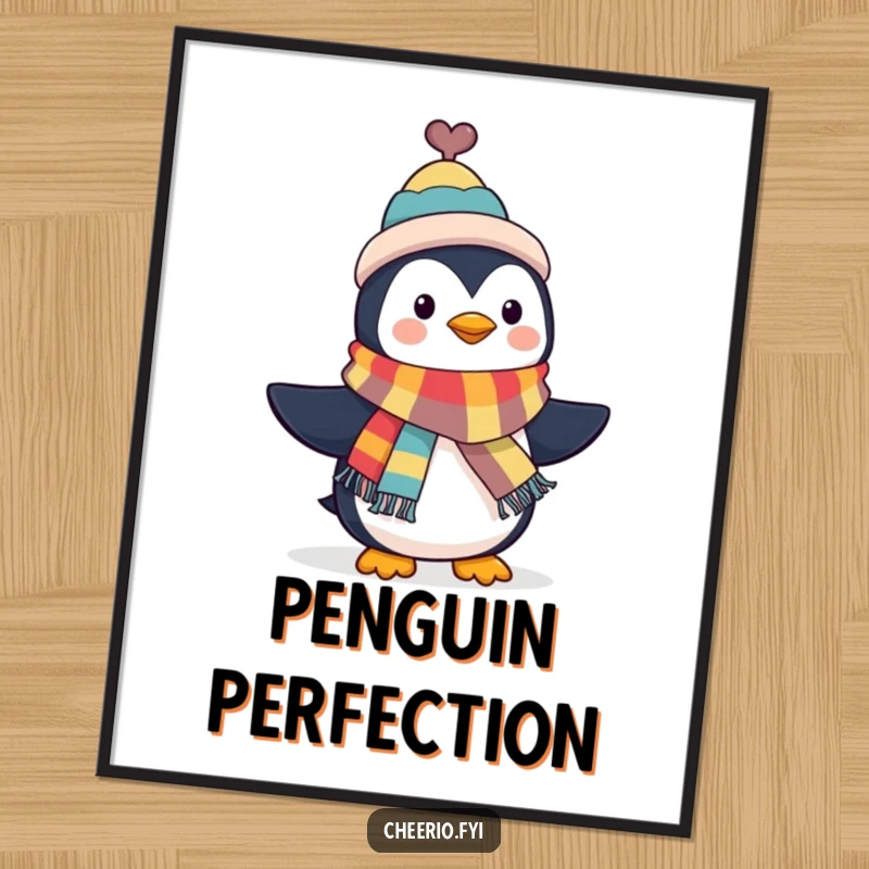 Funny Penguin Digital Art Print: A penguin in a top hat waves a colorful scarf, capturing sophisticated charm. An excellent funny gift.