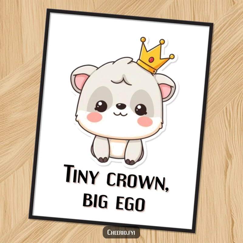 Funny digital art print of a smiling animal character proudly displaying a tiny crown, looking majestic.