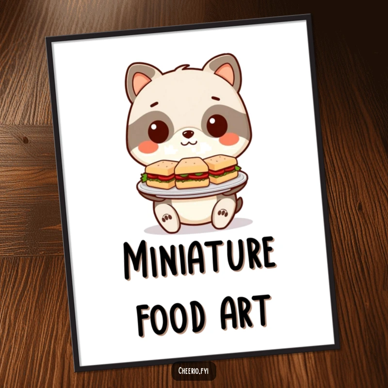 Funny Digital Art Print: Stylized animal character offering a plate full of miniature sandwiches, vibrant and humorous.