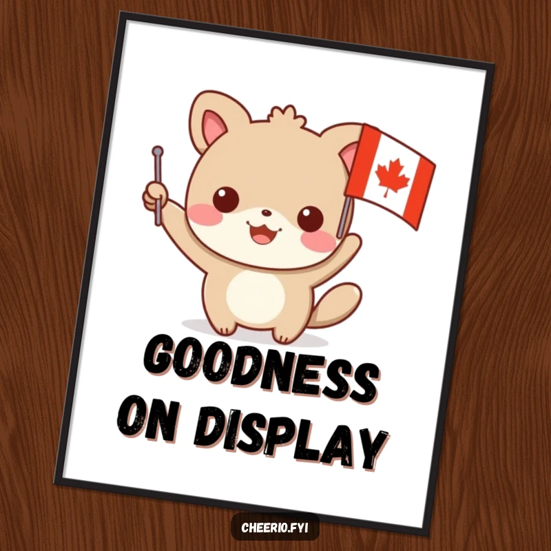 Funny digital art of a happy animal character waving a small flag with a prominent red cross, perfect for instant, cheerful decor.