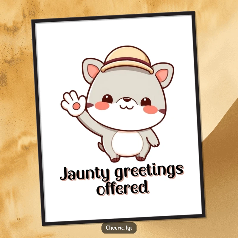 Funny digital art of a cheerful animal character wearing a tiny bowler hat and giving a jaunty wave. Instant download for charming decor.