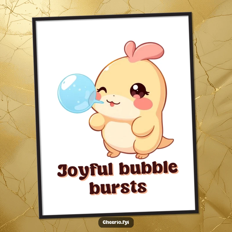 Funny Digital Art Print of a creature with a twinkle in its eye, joyfully blowing a large bubble, perfect for whimsical decor.