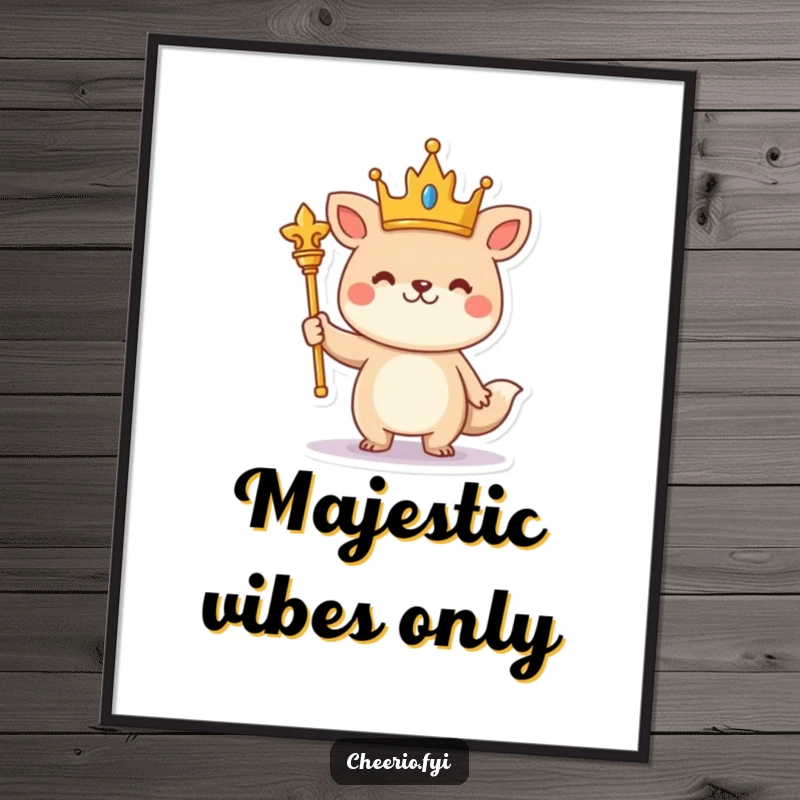 Funny cheerful animal wearing a crown and holding a scepter stands proudly on a regal digital art print.