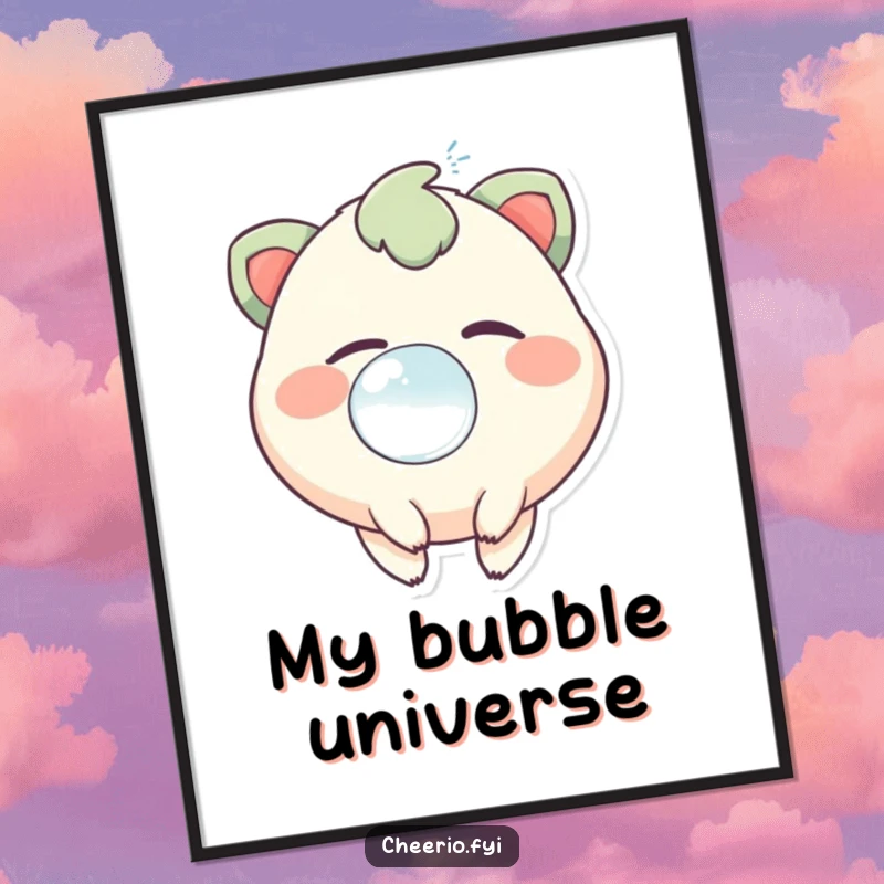 Funny digital art print of a creature with a happy twinkle, blowing a large, effervescent, cheerful bubble.