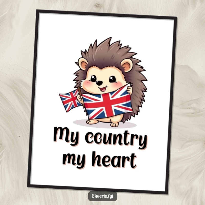 Funny happy hedgehog digital art print holding a Union Jack flag, bringing cheerful British patriotic artwork to walls.