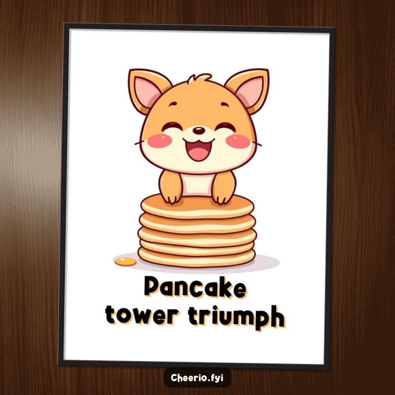 Funny digital art print of a joyful animal with a wide grin balancing on a stack of pancakes, ready to bring humor to any space.