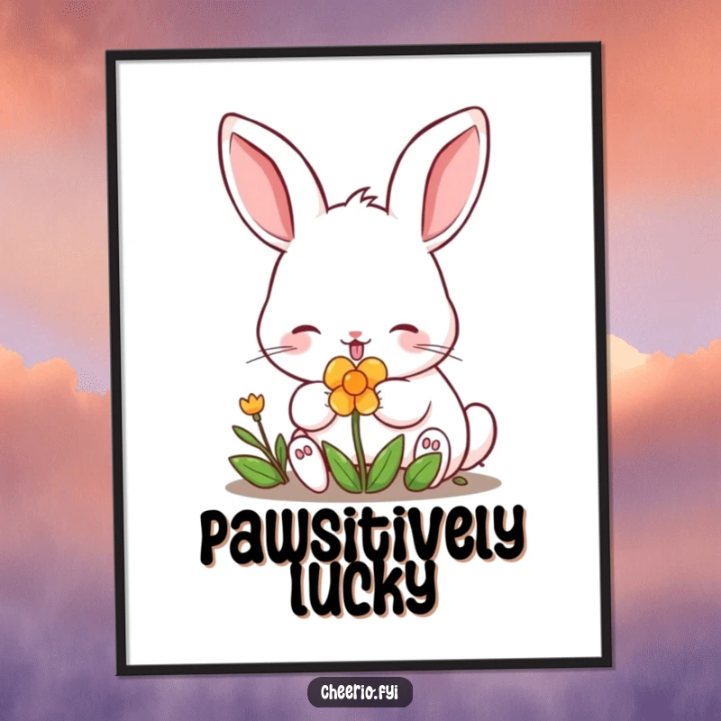 Funny rabbit with perked ears nibbling a stylized clover on a downloadable art print. A lucky funny gift.