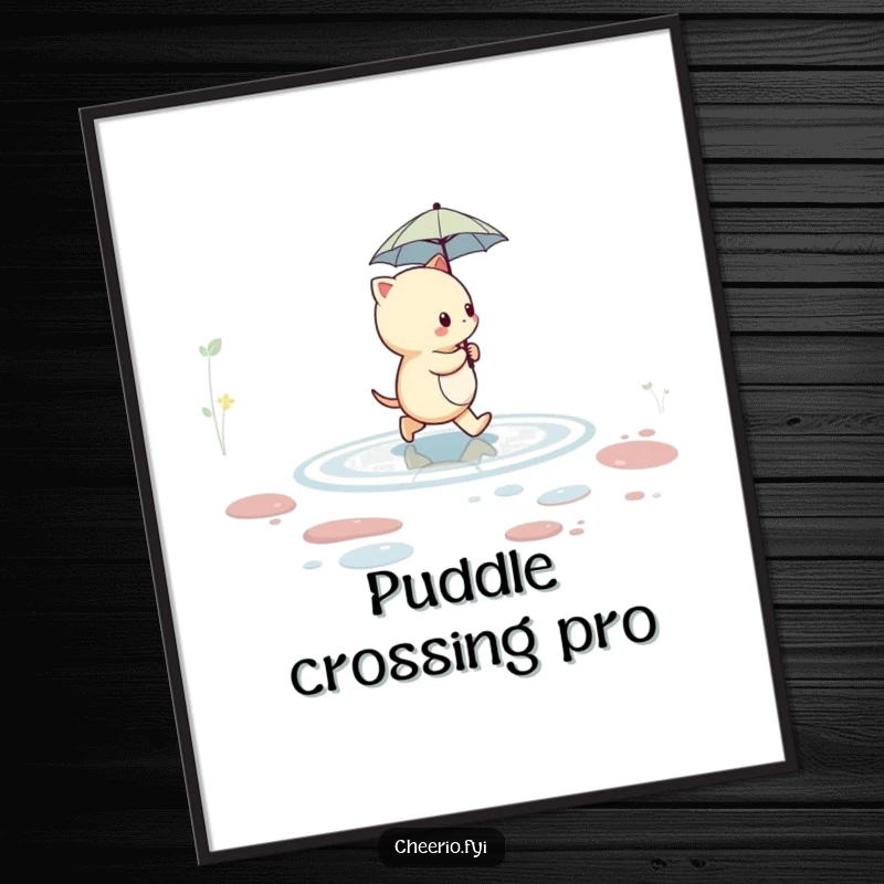 Funny creature with a small umbrella walking across a puddle, a digital art print for humorous decor.