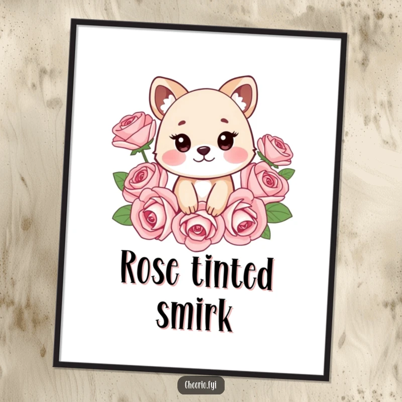 Funny digital art print of a cheeky animal surrounded by stylized roses, offering instant whimsical decor and a humorous, artistic statement, perfect funny gift.