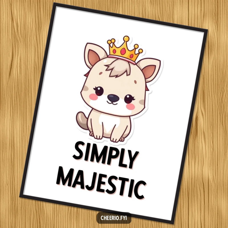 Funny British animal character wearing a small crown, looking regal, presented as charming digital art for walls.