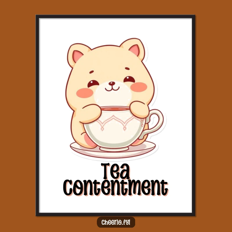 Funny Chubby Cat Digital Art: Delighted Tea Moment Instant Download