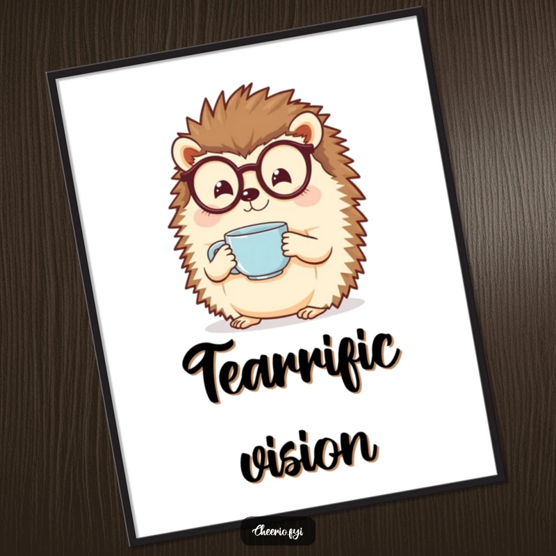 Funny Hedgehog Digital Art: A cheerful hedgehog with spectacles holds a teacup, ready to print.