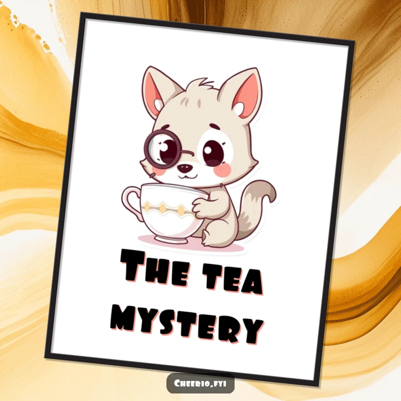 Funny digital art depicting a curious animal character wearing a monocle, examining a teacup, perfect for sophisticated decor.