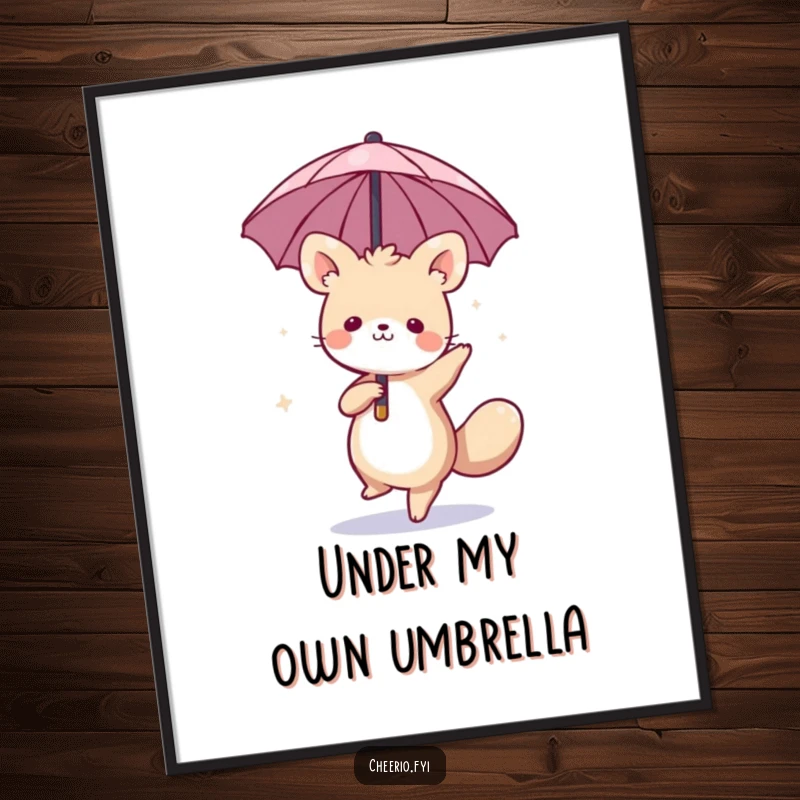 Funny digital art print of a whimsical animal dancing with a miniature umbrella, offering instant playful charm and humor for wall decor, perfect funny gift.