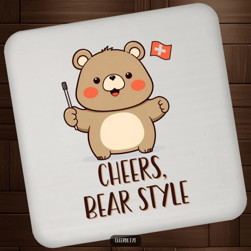 Funny drink coaster featuring a stout bear enthusiastically waving a flag with a white cross, protecting surfaces.