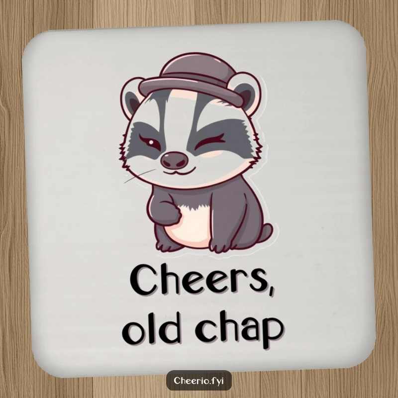 Funny badger in a bowler hat winks charmingly on a protective drink coaster, a cute and humorous table accent.
