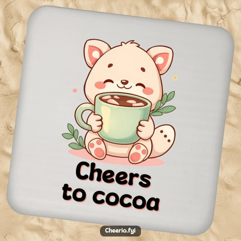 Funny drink coaster depicting a cute animal character offering a warm cup of cocoa, adding a cozy vibe.