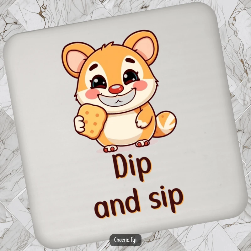 Funny drink coaster featuring a cheerful animal mascot with a wide grin, offering a biscuit, designed to protect surfaces with sweetness.