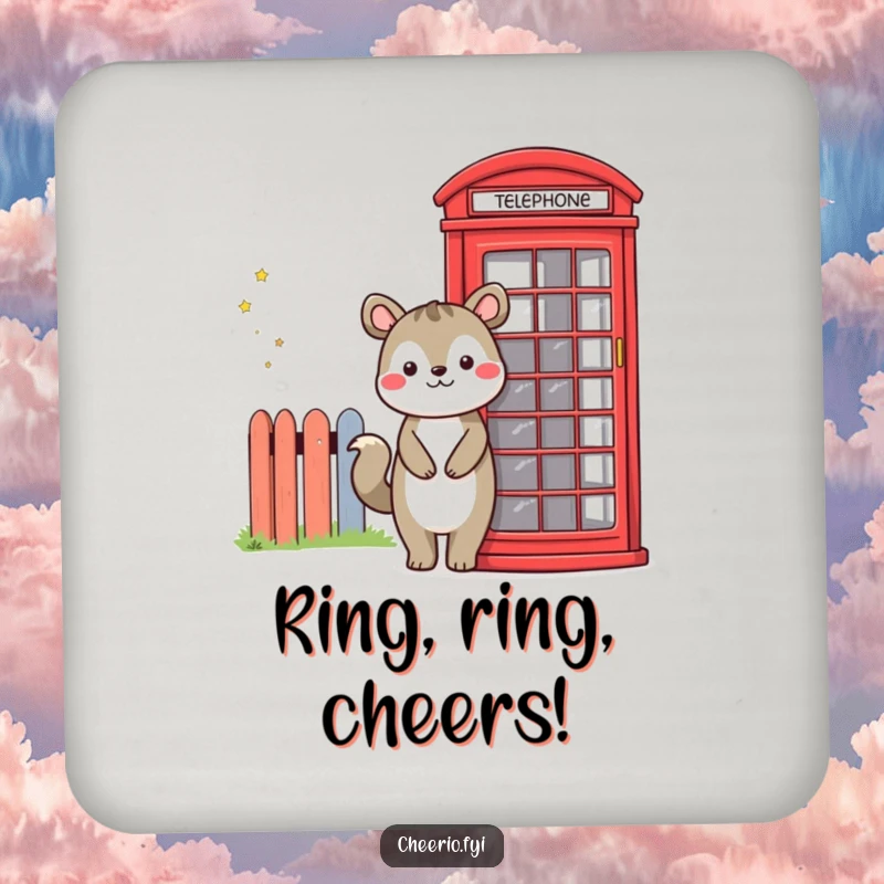 Funny drink coasters featuring a smiling animal character and a red telephone booth, protecting surfaces with humorous charm.