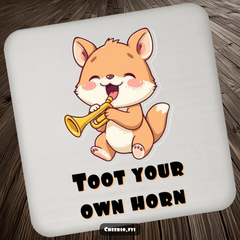 Funny animal playing a tiny trumpet with joy, depicted on a humorous drink coaster.