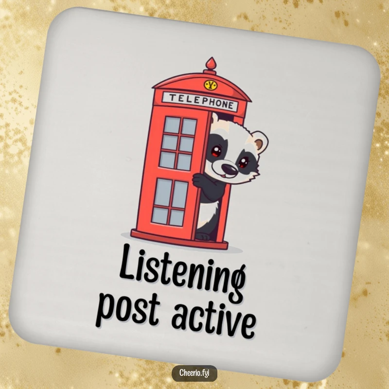 Funny badger coaster showcasing a curious animal peeking from a red telephone box, protecting surfaces with a humorous British theme.