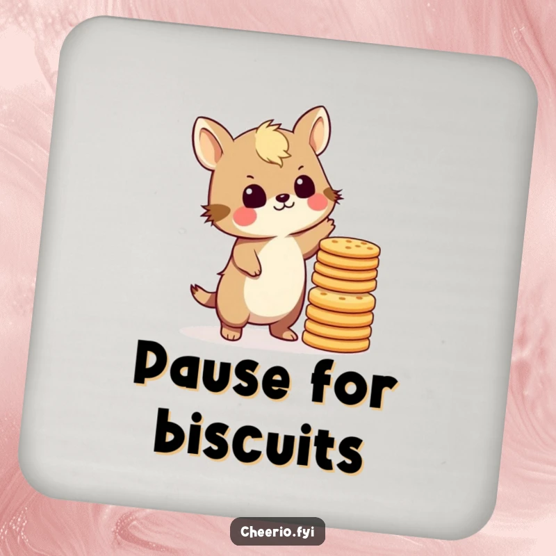 Funny British animal character balancing biscuits, on a drink coaster, for stylish protection during tea time.