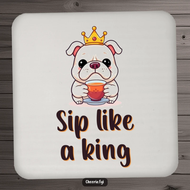 Funny drink coaster featuring a jolly bulldog wearing a crown, offering tea, protecting surfaces with elegance.