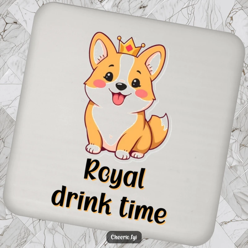 Funny drink coasters with a cheerful corgi wearing a small crown and wagging its tail, offering humorous royal table protection.