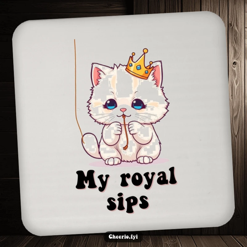 Funny Drink Coaster: A crowned fluffy cat batting a string, a charming and humorous way to protect surfaces.