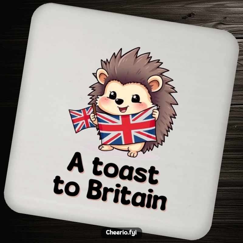 Funny happy hedgehog coaster proudly holding a Union Jack flag, protecting surfaces with patriotic charm.