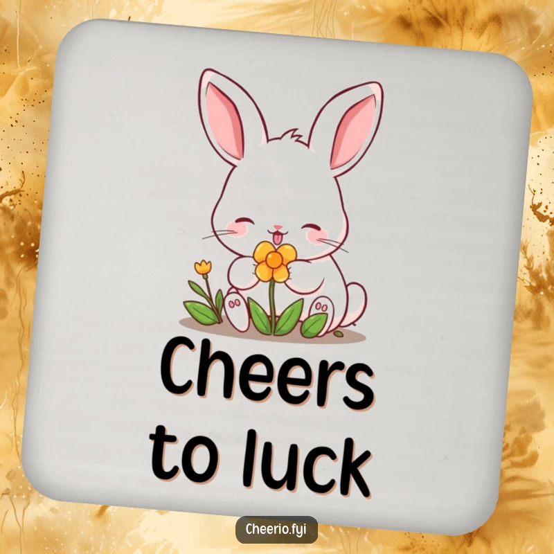 Funny rabbit with perked ears nibbling a clover on a drink coaster. A charming funny gift.