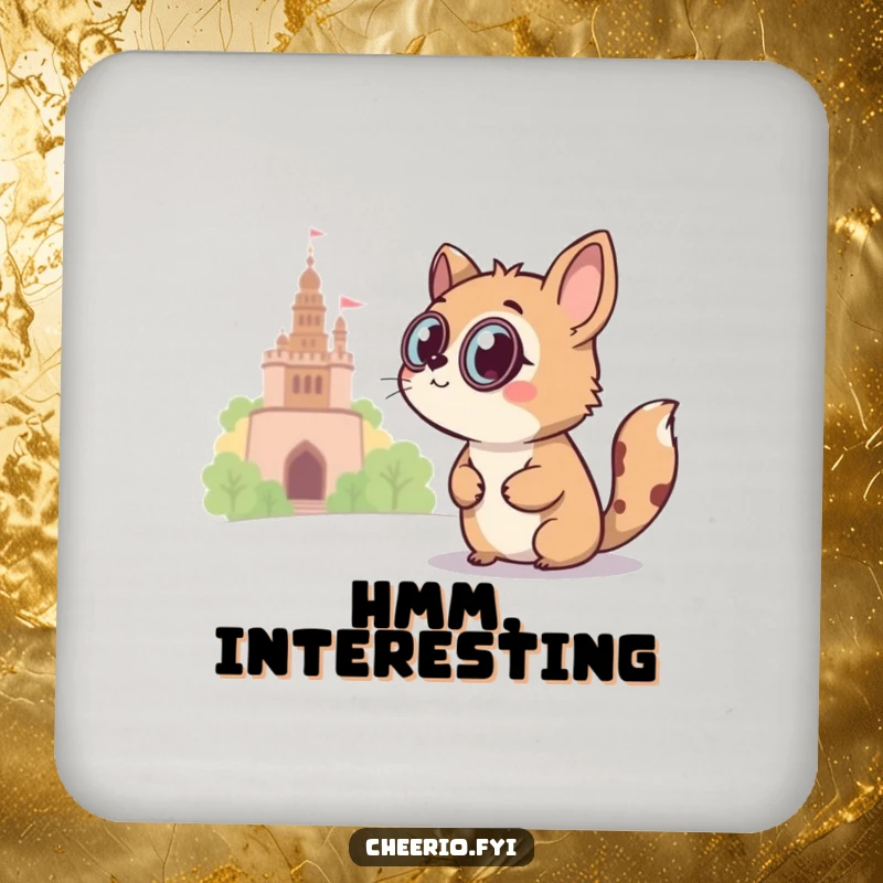 Funny curious animal wearing a monocle peers at a distant landmark on a protective drink coaster.