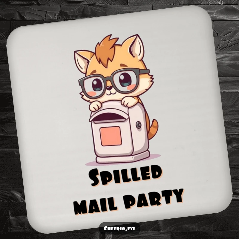 Funny drink coasters featuring a playful animal with spectacles tripping over a small post box, perfect for protecting surfaces.