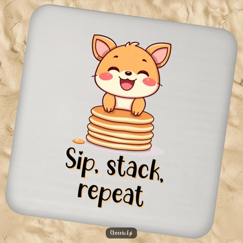 Funny drink coaster featuring a joyful animal character with a wide grin balancing on a stack of pancakes, protecting furniture with humor.