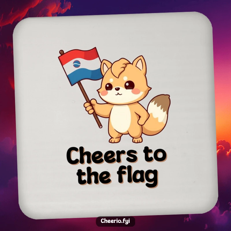 Funny drink coasters featuring a proud, determined animal character gesturing towards a stylized flag, perfect for patriotic decor.