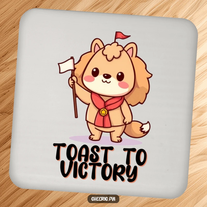 Funny drink coaster featuring a proud animal character holding a small flag, designed to protect surfaces with spirit and humor.