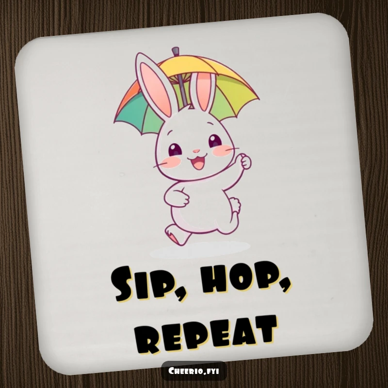 Funny drink coaster featuring a happy rabbit gleefully hopping with a tiny umbrella, protecting surfaces.