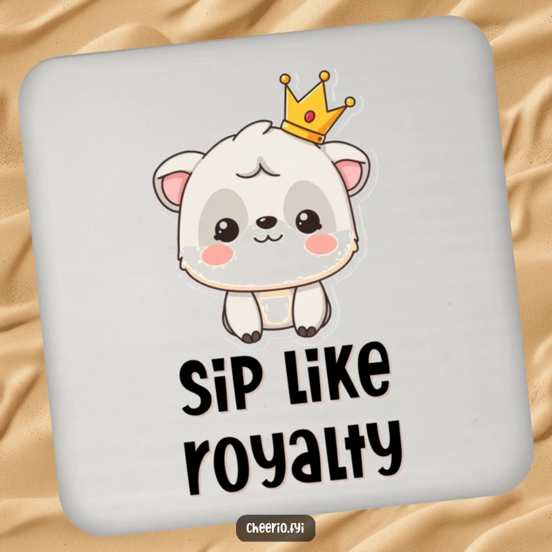 Funny drink coaster with a smiling animal character proudly displaying a tiny crown, adding elegance.