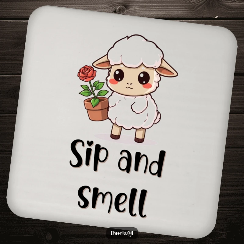 Funny Sheep Coaster: A determined sheep carries a potted rose, protecting surfaces with gentle charm. A delightful funny gift.