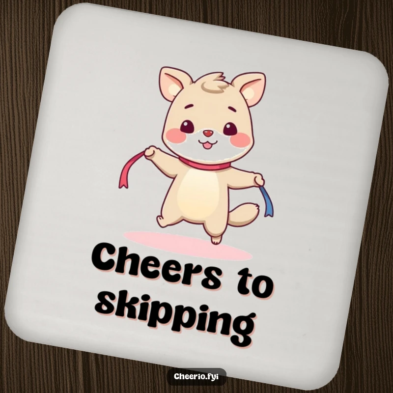 Funny drink coaster depicting a happy animal energetically skipping rope with a ribbon, adding a playful vibe.
