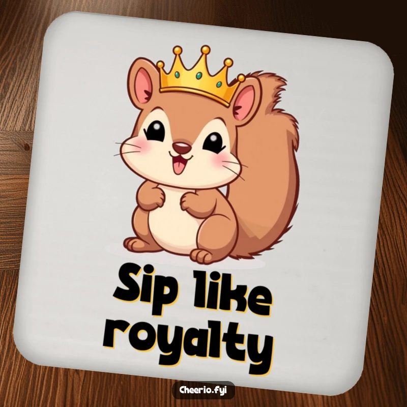 Funny squirrel wearing a small crown, artfully displayed on protective drink coasters. A charming funny gift.