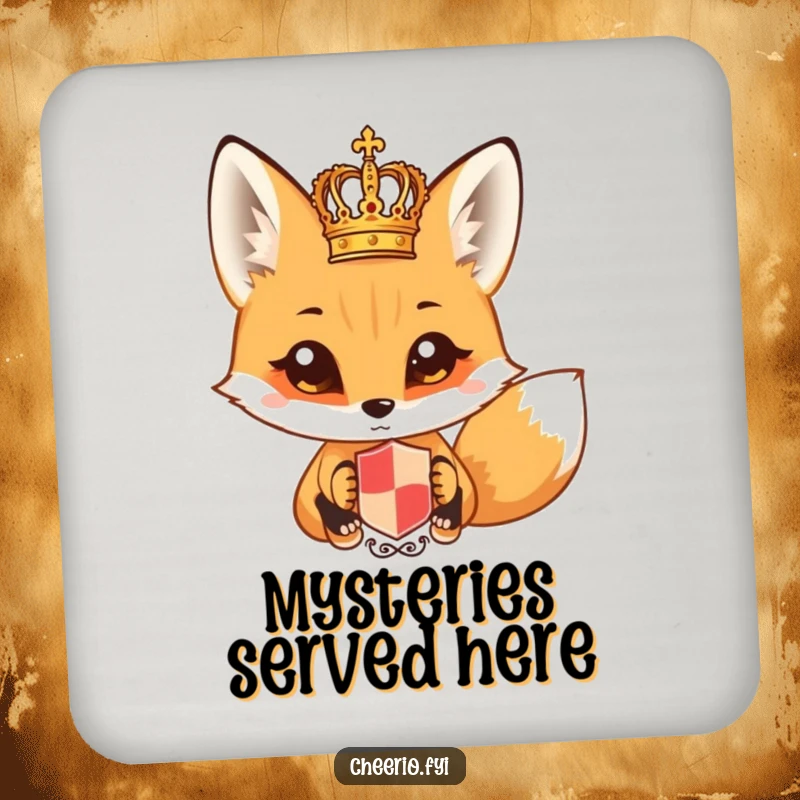 Funny fox with wide eyes looking at a miniature royal crest on a drink coaster. A stylish funny gift.